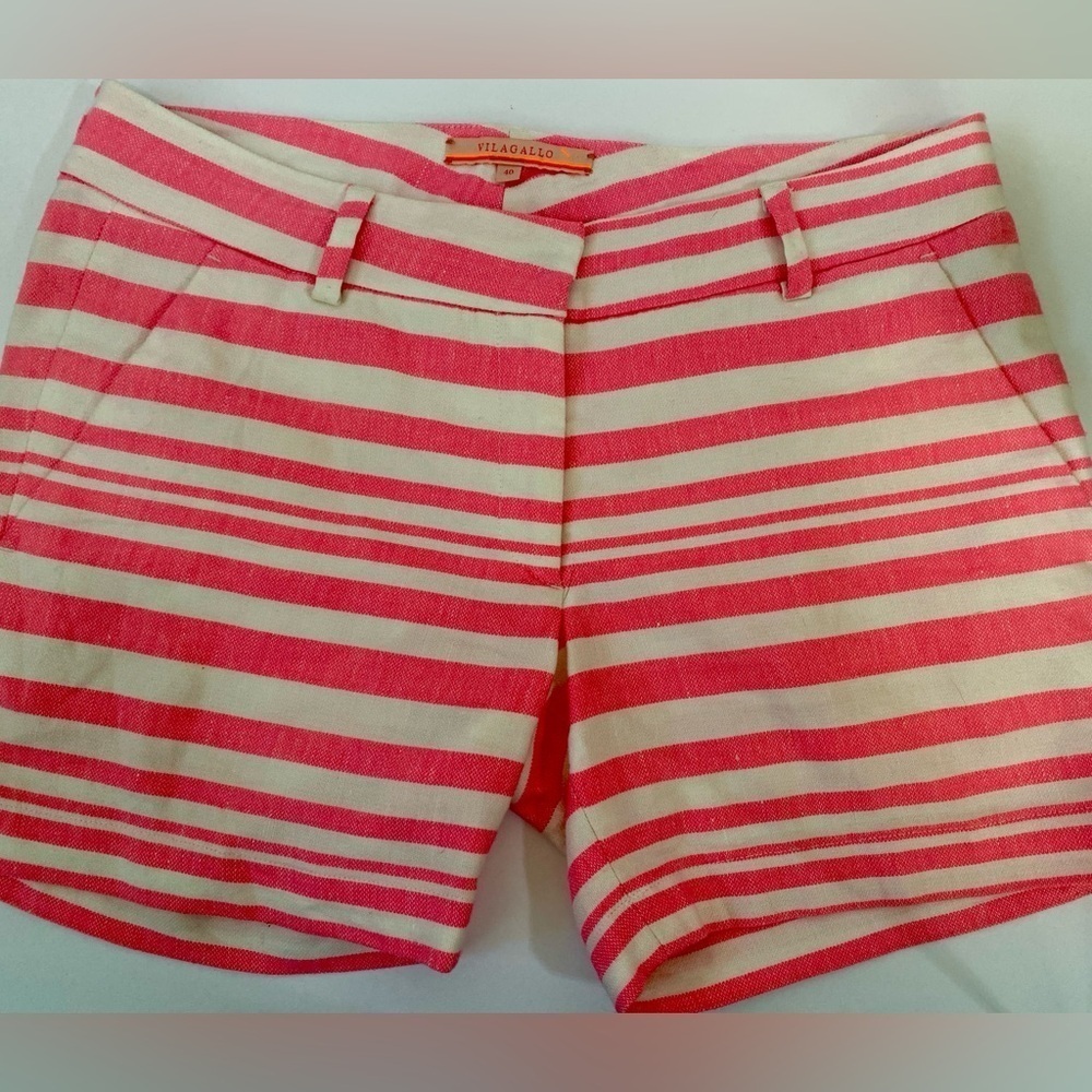 Vilagallo Womens Sz 40 Made  Portugal Linen Shorts Pockets White & Pink 33”W EUC